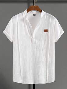 Manfinity Homme 男士纯色开领短袖休闲纹理面料衬衫，夏季 - 白色 - 查看 5