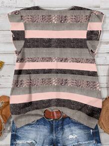 SHEIN LUNE 休闲简约粉色和金色仿机械条纹印花图案女式衬衫，适合夏季和初秋 - 彩色 - 查看 2