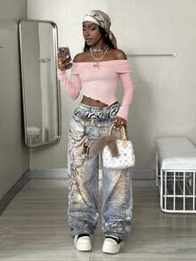 Coolane Women's Fall Y2K Rave Festival Going Out Renaissance Fair Clubs Rib Knit Off The Shoulder Pink Long Sleeve Tee - Pink - View 3