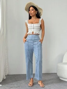 SHEIN PETITE Women's High Waist Pockets Casual Straight Leg Pants Loose Jeans - Light Wash - View 5