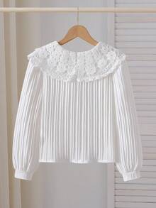 SHEIN Mädchen elegante, süße, niedliche besticktes Bluse mit Peter-Pan-Kragen, aufgeblähte Ärmel Knopfleiste gestreiftes Lässig Prinzessin Hemd, geeignet für Urlaub, Reise, Geburtstag, Frühling/Herbst