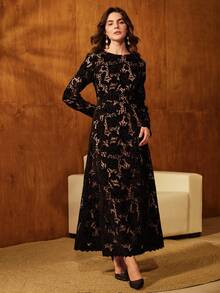 Anewsta 女士长款花卉蕾丝优雅连衣裙，时尚春秋 - 黑色 - 查看 5