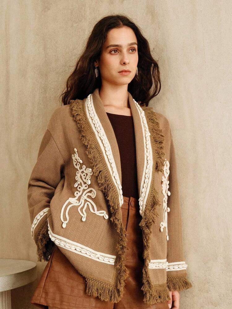 Women's Romantic Elegant Hand-Knitted Floral Tassel Shell Decor Cardigan, Suitable For Autumn, Winter, Going Out, Formal, Party, Chic, New Year, Christmas, Work, Graduation, Wedding