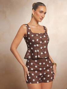 L'Amorae Women Brown Polka Dot Pleated Low Scoop Neck Sleeveless Vest Vintage Elegant, Vacation, Casual
