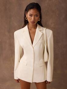 SHEIN BAE 女士优雅纯色腰部收紧西装外套，适合通勤 - 杏色 - 查看 6