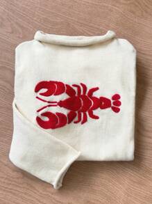 Elamini 女款 Y2K 休闲宽松卷边针织毛衣，饰龙虾刺绣图案