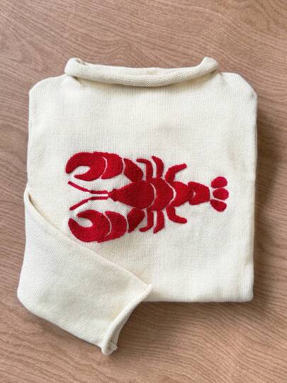 Elamini Women's Y2K Casual Loose Fit Cuffed Knit Sweater With Lobster Embroidery Design Fall Winter Cloth For Women