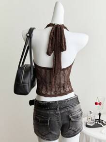 SHEIN Unity Women's Casual Sexy Fitted Tie-Up Backless Crop Top, Summer - Brown - View 2