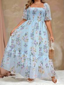 Roveilla Plus Size Romantic Chiffon Printed Puff Sleeve Dress Maxi Women Outfit - Blue - View 3