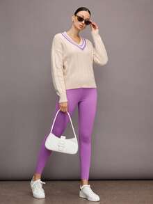 Activina Suéteres de golf para mujer, suéter de manga larga con cuello en V, suéteres de tenis morados para mujer - Morado - Ver 2