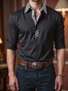 Manfinity Bizformal Men's Business Casual Contrast Color Panel Long Sleeve Shirt Black Dress Shirt Men Luxury Shirts Men Fashion Shirts Men Western Shirt Black Button Up Shirt, Old Money Style, Fall - Black - View 4