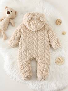 SHEIN 新生儿男女宝宝可爱小熊造型毛绒连体衣，秋冬季宝宝万圣节服装，男女宝宝冬季服装针织连体衣 - 彩色 - 查看 7