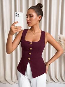 Lavishia 女士优雅通勤方领纽扣背心 - 紫紅色 - 查看 6