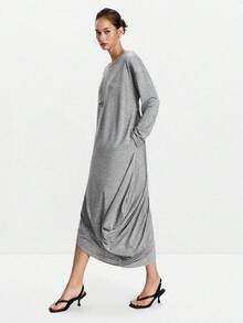 Lumivelle Women's Solid Color Round Neck Fashionable Loose Hem Pleated Long Sleeve Dress Fall Cloth For Women