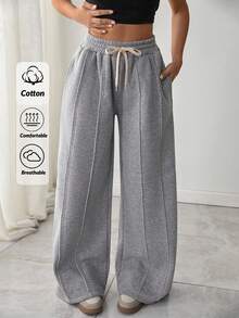 RueChic Women Wide Leg Comfortable Sweatpant With Drawstring And Pocket - Light Grey - View 1