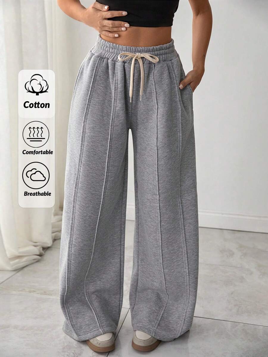 RueChic Women Wide Leg Comfortable Sweatpant With Drawstring And Pocket - Light Grey - View 1
