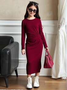 SHEIN Vestido de manga larga ajustado de longitud media con nudo retorcido de unicolor informal para niña preadolescente, adecuado para Halloween, Navidad, fiesta elegante, color vino tinto - Burdeos - Ver 2