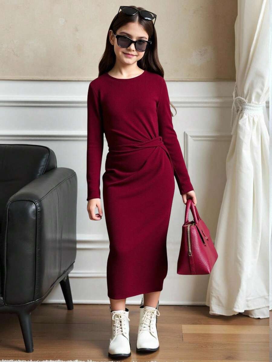 SHEIN Vestido de manga larga ajustado de longitud media con nudo retorcido de unicolor informal para niña preadolescente, adecuado para Halloween, Navidad, fiesta elegante, color vino tinto