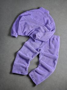 Manfinity EMRG 男士纯色拉链半襟长袖口袋运动衫和裤子休闲套装，秋季，紫色两件套男士，男士紫色套装紫色夏尔巴运动服，紫色羊毛运动服，舒适服装 - 紫色 - 查看 6