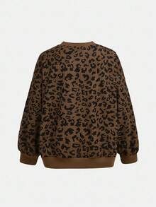 Girlism 少女休闲豹纹拉链长袖卫衣/万圣节、荧光色、秋季、冬季 - 咖啡棕 - 查看 2