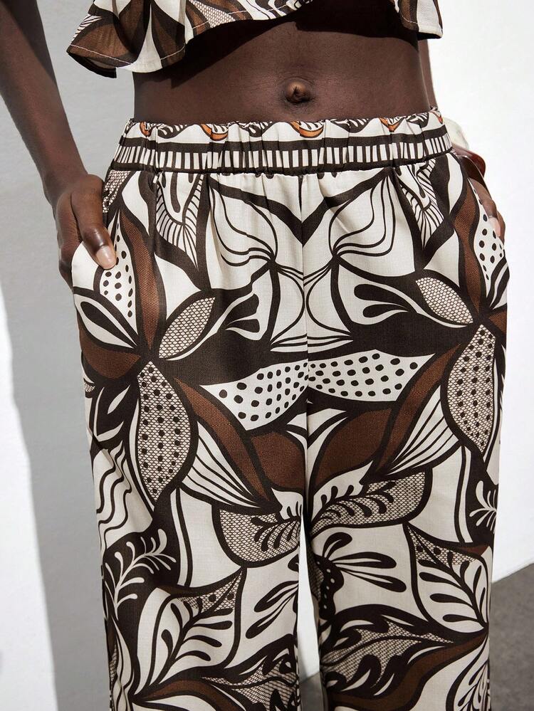 SHEIN Maija Women's Floral Print Elastic Waist Slant Pocket Pants, Urban Commute Business Casual, Basic Wide Leg Trousers, Women's Beach Pants, Bohemian Style Island Resort Vacation  Beach Outfits For Women Flower