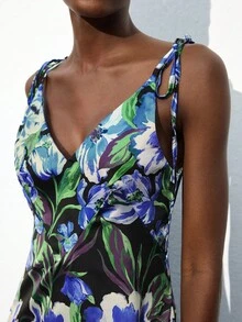 Maija 女式 U 领系带腰优雅花卉印花缎面长裙，休闲度假连衣裙，适合通勤、商务、办公室、教师、万圣节、圣诞派对、海滩度假 - 紫色 - 查看 8