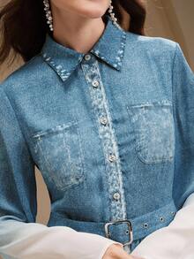 Anewsta Váy dài tay ombre thanh lịch dành cho nữ, màu xanh lam chuyển sắc sang trọng, thu/đông - Màu xanh lam - Xem 7