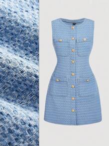 SHEIN MOD 女式优雅前扣口袋无袖牛仔连衣裙，夏季