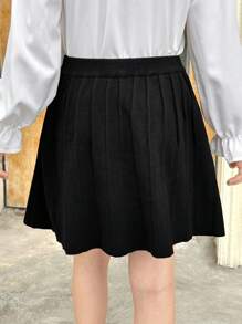 SHEIN 青少年女孩休闲纯色褶皱针织裙，开学季，秋冬 - 黑色 - 查看 10