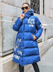 EURMUSE Plus Size Women Winter Slogan Print Full Zip Long Hooded Padded Coat - Royal Blue - View 5