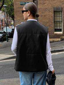 DAZY Women's Padded Vest Jacket, New Fashion Loose V-Neck Solid Color Casual Street Side Pocket Thickened Waistcoat Winter Leather Jacket - Black - View 7