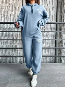 EURMUSE Cotton Women's Letter Print Hoodie And Long Pants Two Pieces Set - Blue - View 6