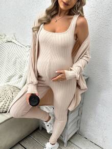 SHEIN Bộ 2 áo liền quần và áo khoác dệt kim gân cho bà bầu - Màu be - Xem 3