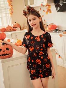 大女孩万圣节南瓜睡衣套装 - 彩色 - 查看 4