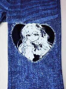 2pcs/Set Cartoon Girl Print Casual Minimalist Short Sleeve Top And Pants For Teen Girls - Blue - View 5
