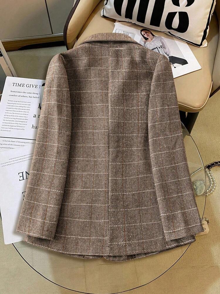 Franclia Women's Lapel Collar Long Sleeve Plaid Business Suit Jacket Fall Cloth For Women - Coffee Brown - View 2