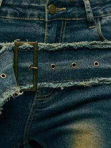 TypaGal Women's Autumn/Winter Casual Flared Jeans With Pockets And Eyelet Button Design - Dark Wash - View 6