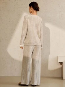 女士休闲纹理罗纹针织宽松两件套，秋冬 - 卡其色 - 查看 2