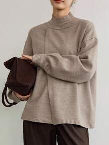 Dazy-Less 女士宽松商务休闲不对称领套头毛衣，纯色简约基本款上衣，秋冬 - 駝色 - 查看 5