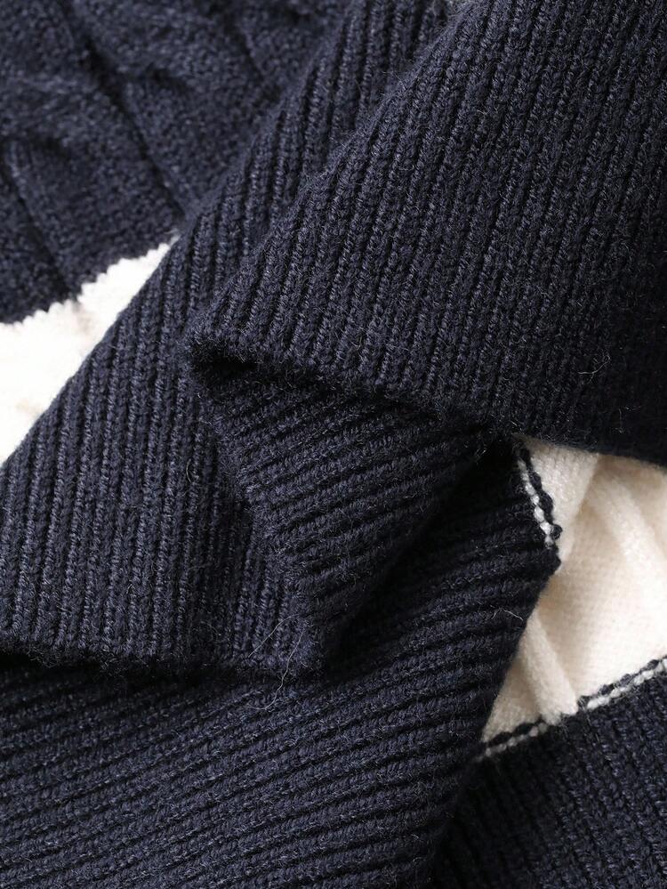 Contrast Striped Fitted Short Sleeve V-Neck Twist Floral Casual Street Knit Top For Women, Autumn/Winter