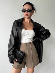 DAZY 女士休闲宽松领长袖口袋PU皮夹克，街头风，秋冬皮夹克 - 黑色 - 查看 5
