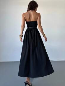 Firerie Women's Casual Versatile Daily Commute Vacation Street Fashion Double Waistband Tube Top A-Line Midi Dress, Black - Black - View 2