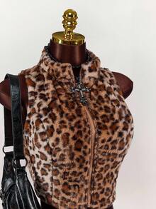 Amplova Women's Leopard Print Fleece Zip-Up Sleeveless Jacket, Autumn/Winter