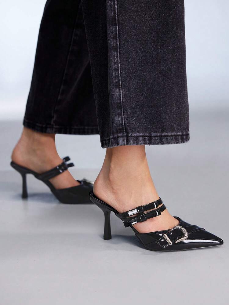 CUCCOO GRLICON Women's Metal Buckle Thick Belt Pointed Toe Stiletto Heel Mid-Heel Pumps, Personalized Commuter Chic Girl Street Motorcycle Punk Rock Style, Black Patent PU Leather Mule Heels, Fashion Blogger & Workplace Outfit