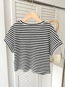 SHEIN 青少年女孩提花纹理针织面料宽松落肩短袖T恤 - 黑與白 - 查看 2