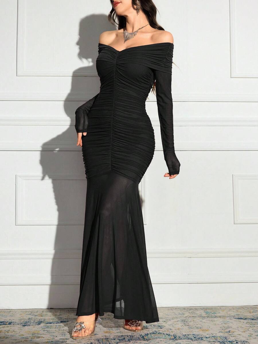 Modelyn Đầm dài ôm sát hở vai màu trơn dành cho nữ - màu đen - Xem 1