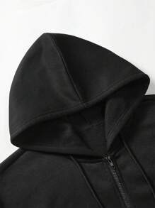 Manfinity Homme Plus Size Men's Letter Print Long Sleeve Zip Front Pocket Drawstring Hoodie Sweatshirt, Black Graphic Zip Up, Graphic Zip Up Hoodie Men S, Black And White Zip Up Hoodie , Fall