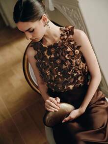 Anewsta Áo ba lỗ không tay họa tiết hoa 3D màu nâu mới dành cho nữ - màu nâu - Xem 1