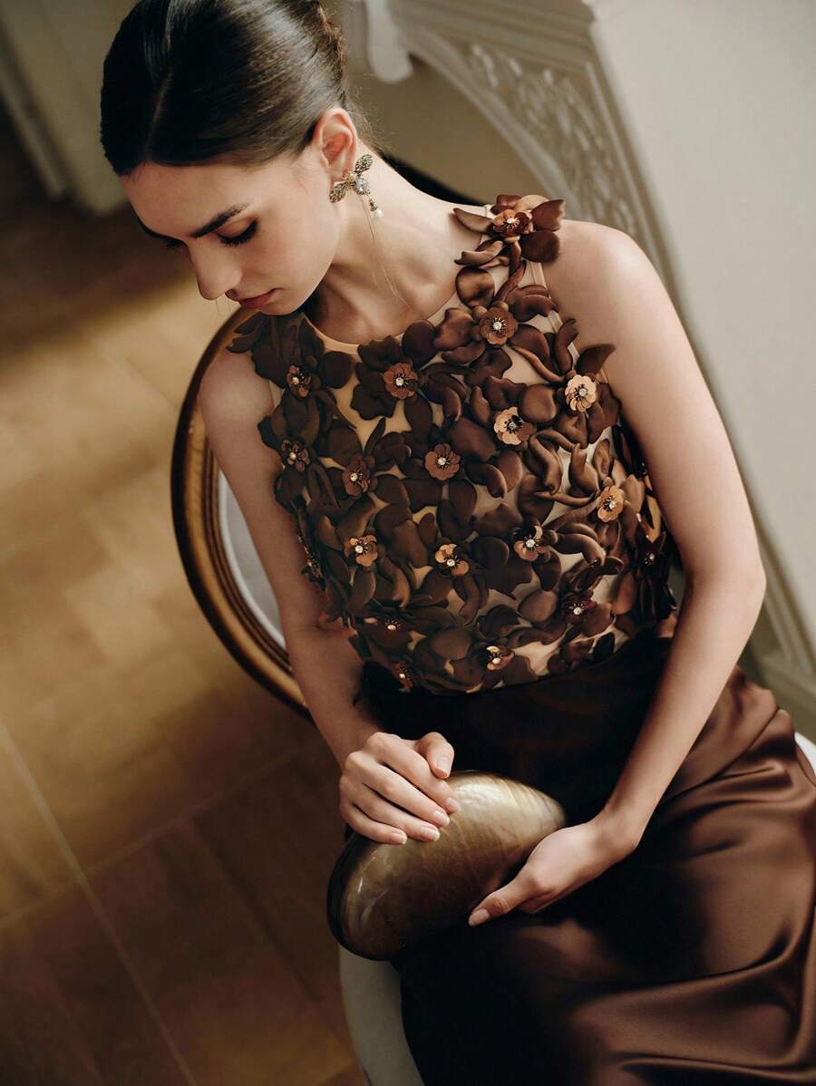 Anewsta Áo ba lỗ không tay họa tiết hoa 3D màu nâu mới dành cho nữ - màu nâu - Xem 1