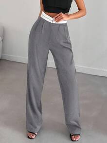 EURMUSE Pantalones de traje diario de uso sencillo con contraste de color para mujeres - Gris - Ver 4